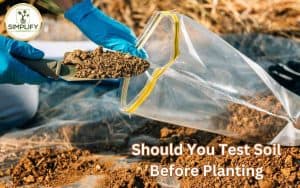 A person wearing gloves holds a ziplock bag and pours soil into it for testing before planting.