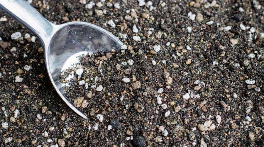 Picture of potting soil mixed with vermiculite and perlite and a hand scoop