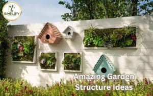 A stunning vertical garden, filled with lush green plants, hangs from a fence. A charming birdhouse sits beside it, adding a touch of whimsy to the scene. Get inspired by these amazing garden structures ideas.