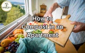 A compact indoor composting setup in an apartment, featuring a small compost bin with vegetable scraps, coffee grounds, and shredded paper.