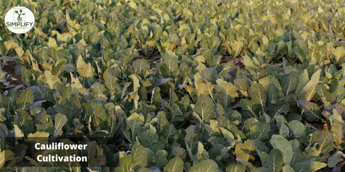 A vast field of small green plants, with tightly packed leaves and stems, spread out in rows. The plants appear to be cauliflower, and the heads have not yet formed, giving the field a uniform, almost surreal appearance.