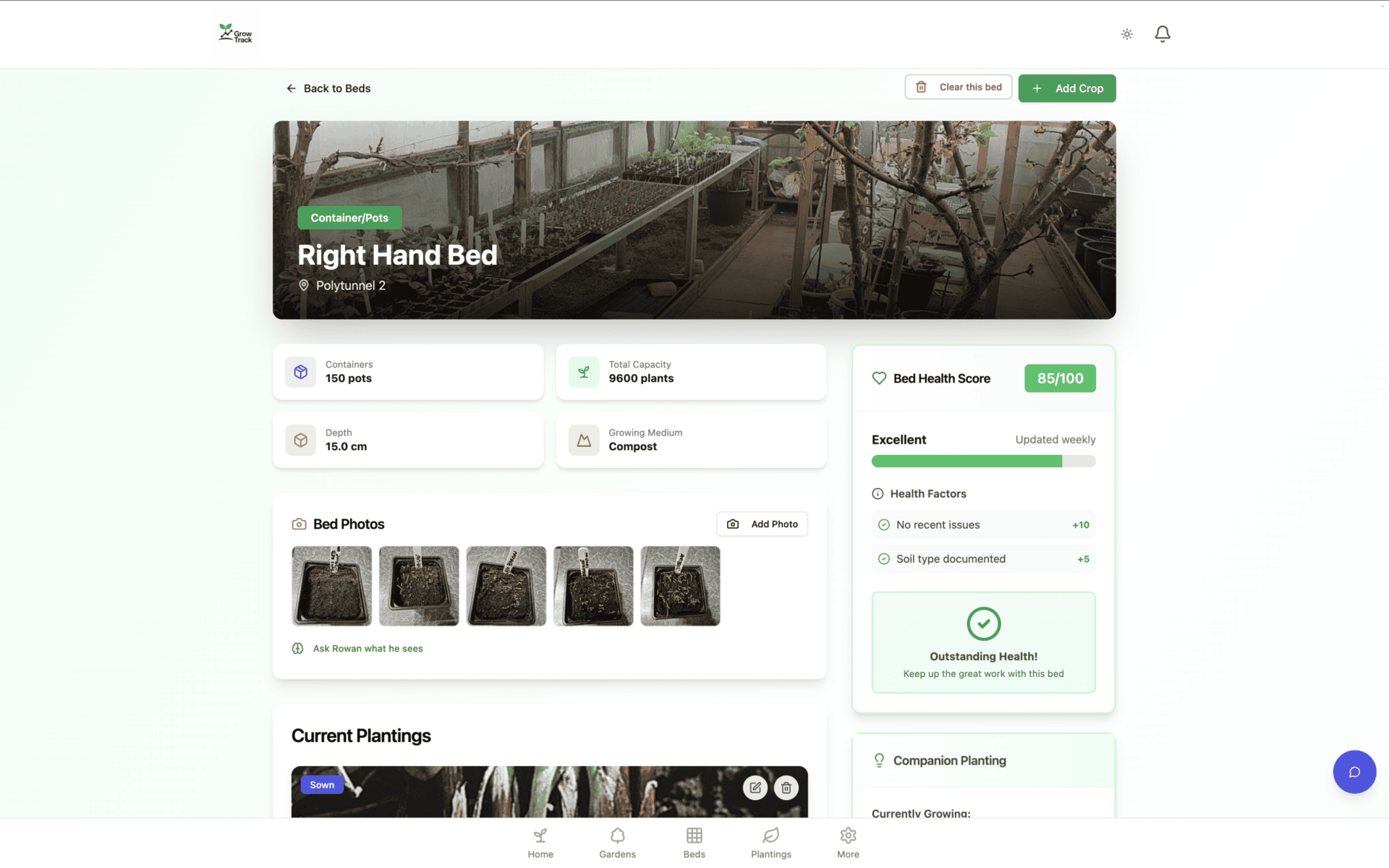 Home Page 2 Gardens Screen in GrowTrack Garden Management System